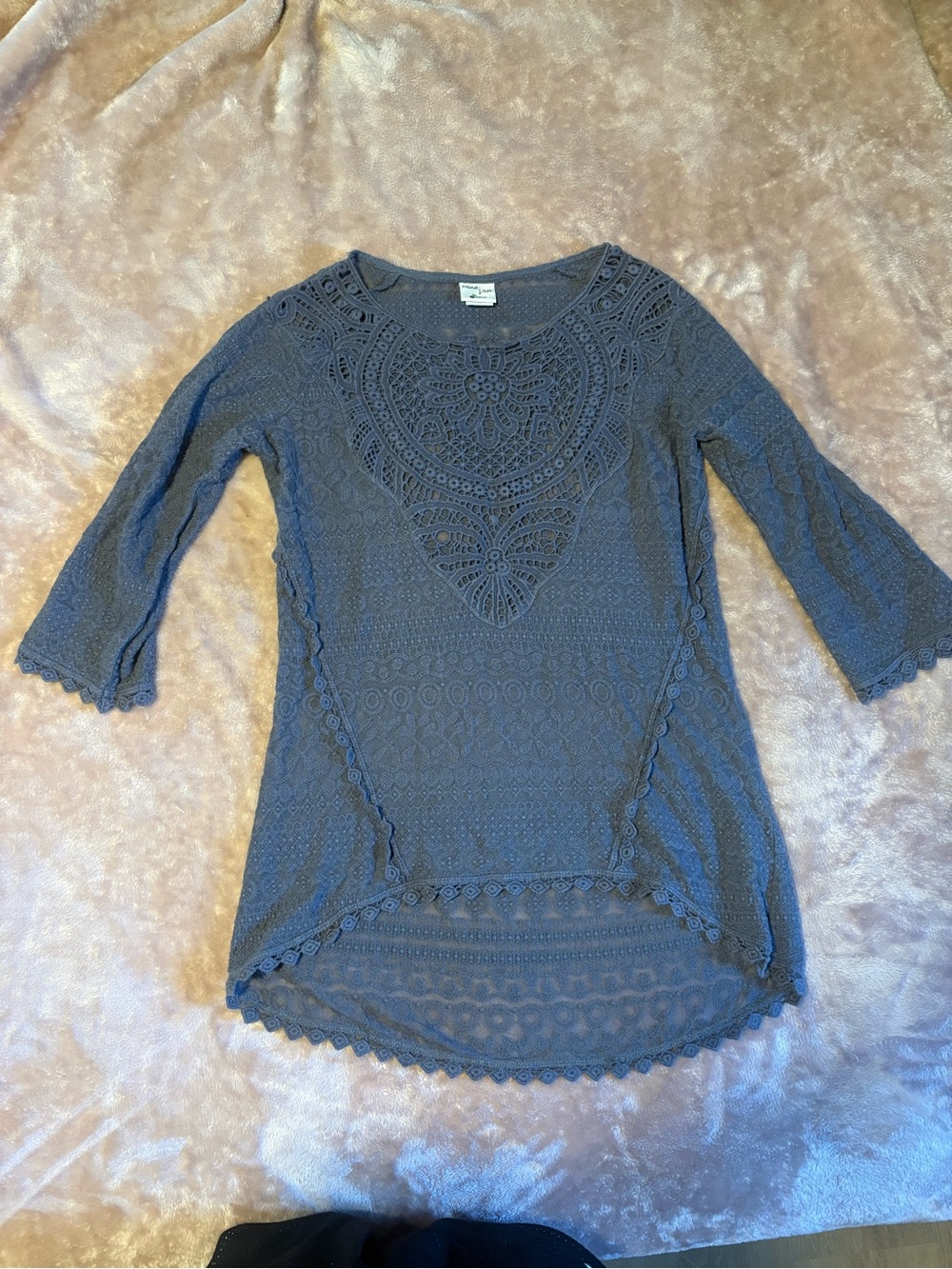 Womens Lace-Detail 3/4 Sleeve Tunic Top - Gray